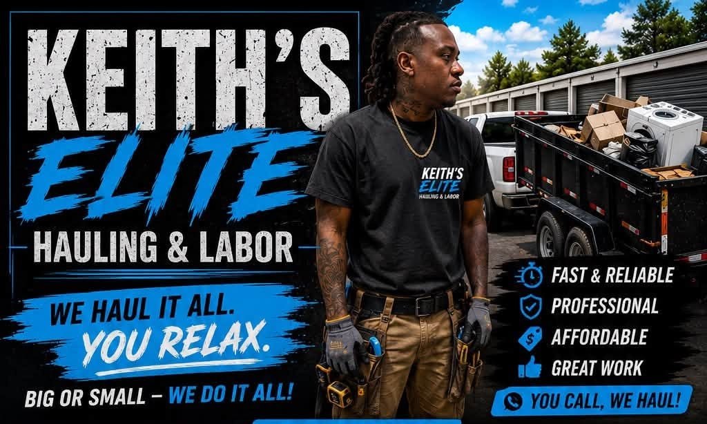 Keith's Elite Hauling and Labor hauling graphic with truck, trailer, and call message
